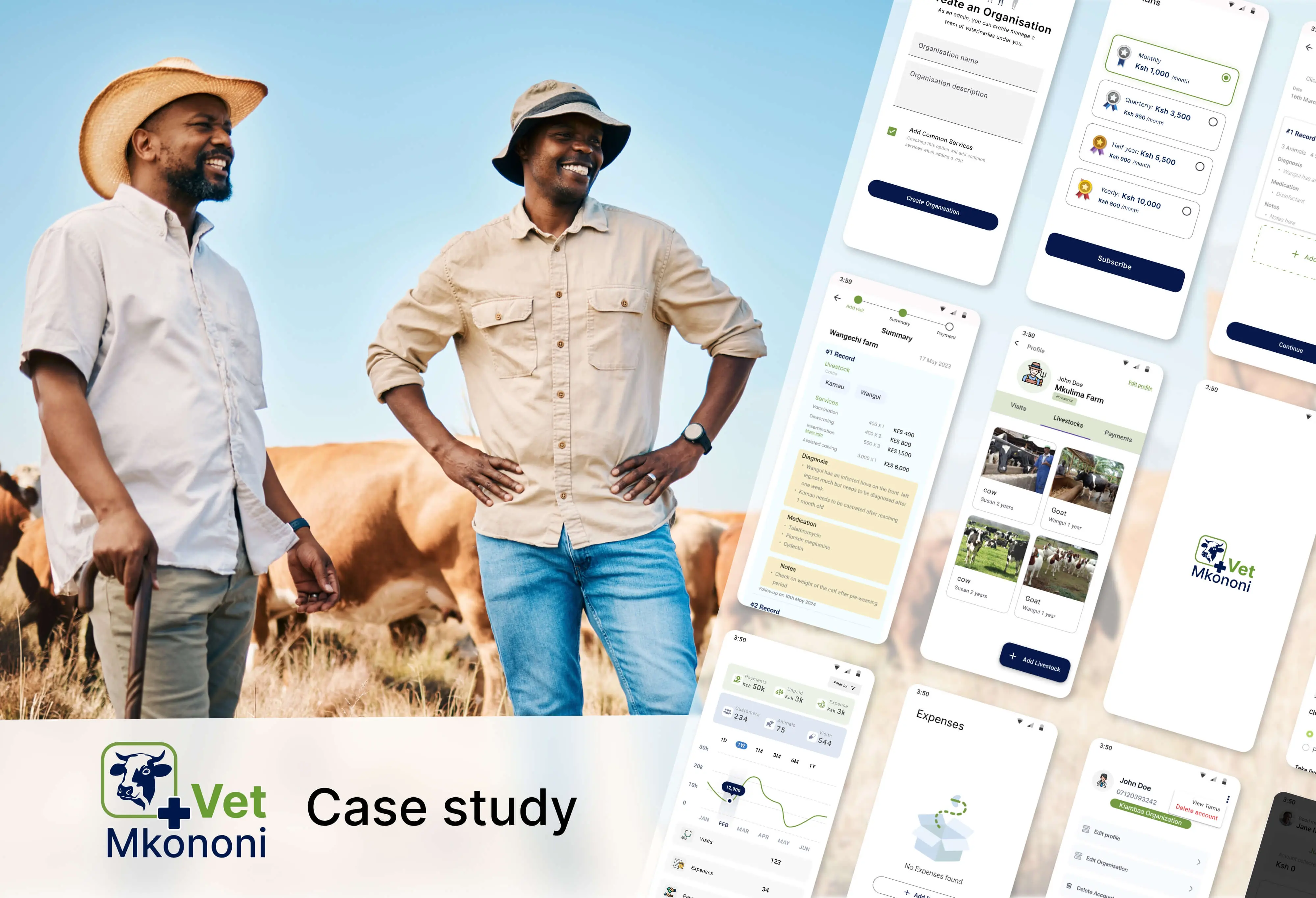 Vet Mkononi app screens beside two farmers standing in a field with cattle